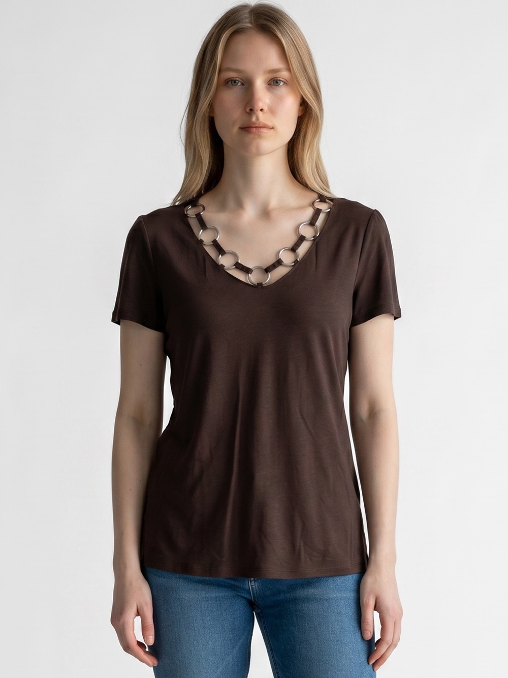 RQT vintage Y2K Brown Chain-Trim V-Neck Top